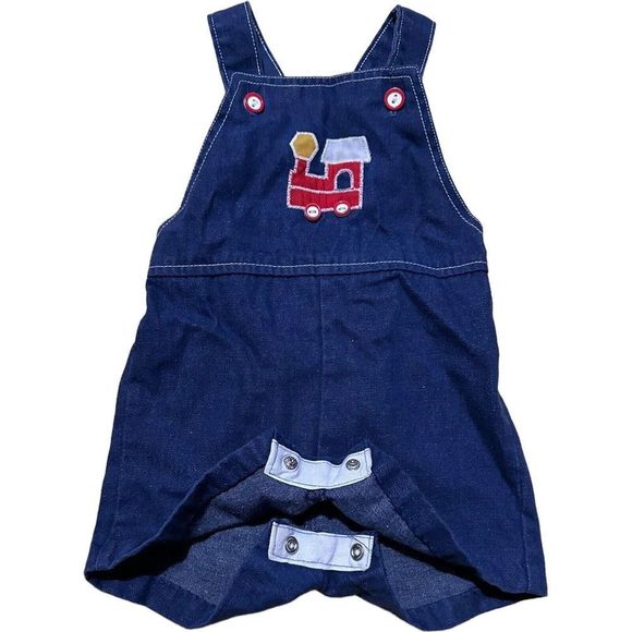 VINTAGE Health-Tex Retro Denim Cloth Bib Overalls W/Red Truck 24m Made In USA - Picture 2 of 6